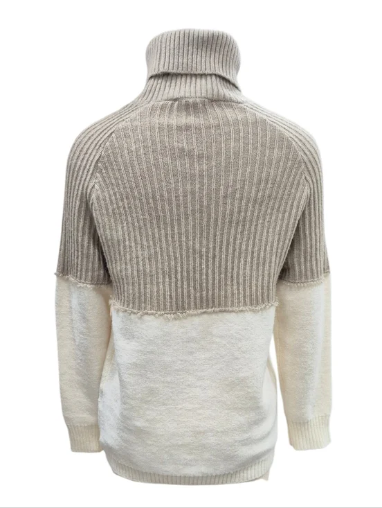 Charlie Paige turtleneck sweater women's small cream beige colorblock fringe - Picture 2 of 12